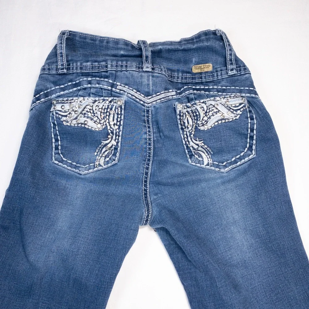 Silver Diva Womens Bootcut Jeans Blue High Waist Embellished Pockets Size 1